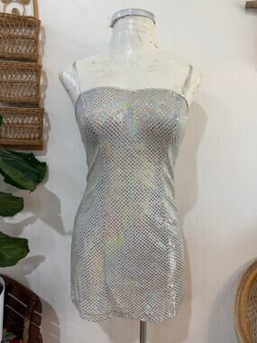 80s Silver Iridescent Flat Sequin Mini Dress size 5